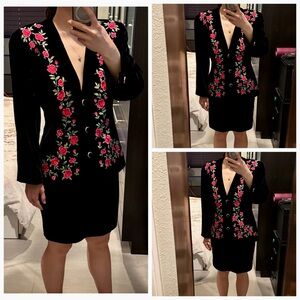 Vintage Diane Freis Black Velvet Pink Rose Embroidery Jacket and Skirt Set